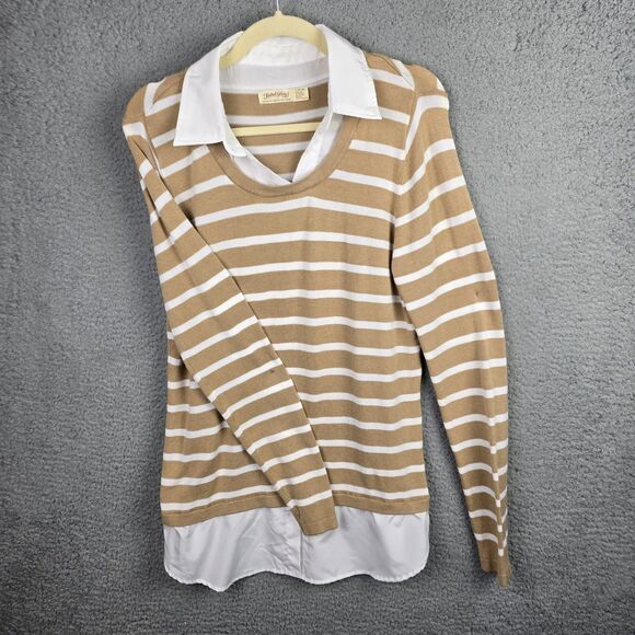 Faded Glory Shirt Sweater Tunic Top L Taupe White Striped Collared Preppy Modern - Picture 11 of 15